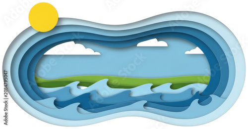 Stylized paper cut ocean scene with layered blue waves, green hills, and a bright isolated transparent background image