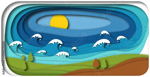 Stylized paper cutout sea scene with blue waves and sun over green hills isolated transparent background image