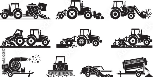 Agricultural machinery icons including farm tractors stone collectors trenchers and harvesting equipment silhouettes