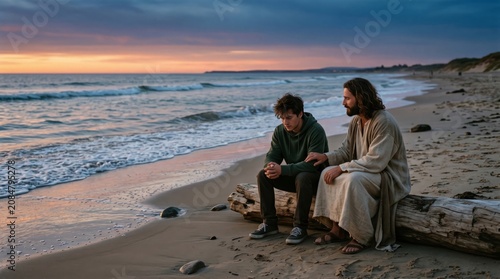 Jesus and young man sitting on log at beach during sunset. Biblical figure offering comfort to person in distress. Religious scene of faith, hope, spiritual guidance and mentorship.
