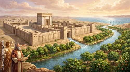 Prophet Ezekiel viewing the miraculous visionary temple in Jerusalem with an angel. Ancient biblical scene depicting life-giving water flowing from the house of God into the desert.