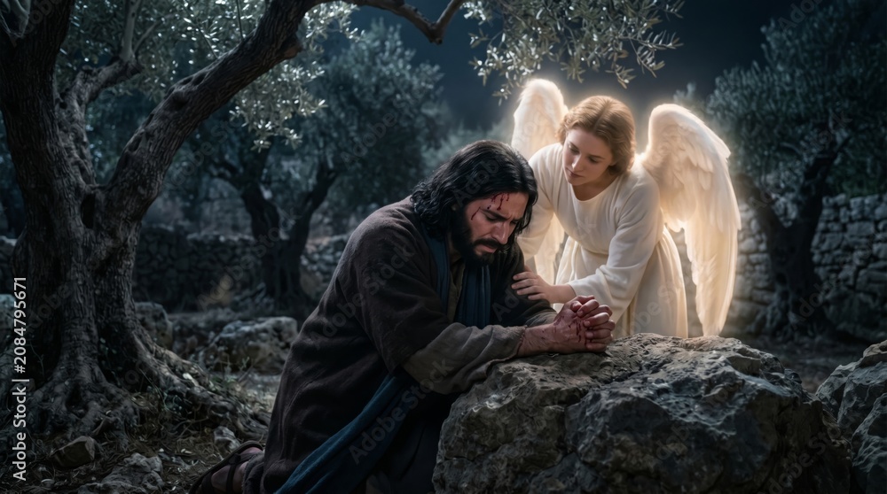 Obraz premium Jesus praying in Gethsemane garden with angel comforting him. Biblical scene depicting divine support and sacrifice. Religious faith and spiritual devotion in christianity art.