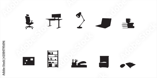 Fotografía Modern office furniture and workspace equipment silhouette collection for produc