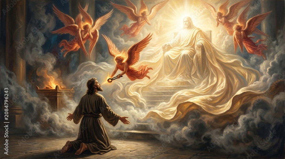 Obraz premium Biblical man kneeling before God on a throne in heaven with winged angels. Religious scene of divine purification and Isaiah vision. Christian spiritual faith and worship concept.