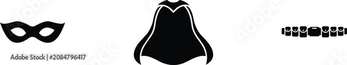 Superhero accessories collection featuring a facial mask, a flowing shoulder cape, and a utility belt for crime fighting action and fighter icons