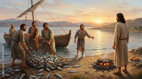 Jesus meeting fishermen on the shore of Galilee. Men pulling a net full of fish from a boat toward a campfire. Biblical scene representing faith, miracle, service and community.