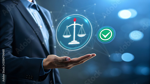 Professional Business Person Holding Digital Law Scale Icon in Office Setting