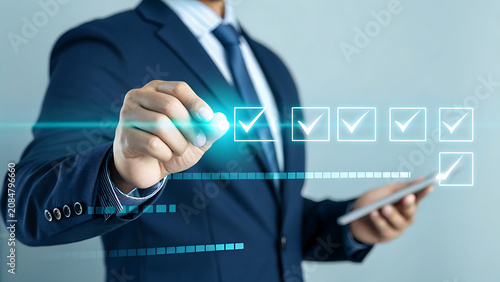 Professional Business Person in a Sharp Navy Suit Interacting with Digital Checkbox Interface in a Modern Corporate Environment