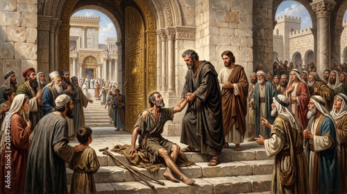 Apostle Peter helping a crippled beggar stand up at the temple gate. Biblical scene showing an act of faith and divine healing. Christian historical illustration of scripture narrative.