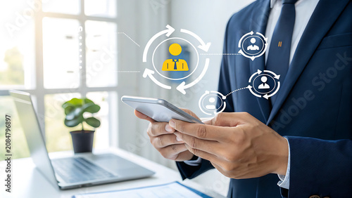 Professional Business Person Using Smartphone with Digital HR Network Icons