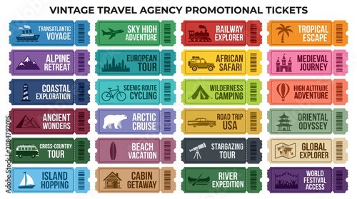 Obraz na plátne Vintage Travel Agency Promotional Tickets - Adventure & Vacation