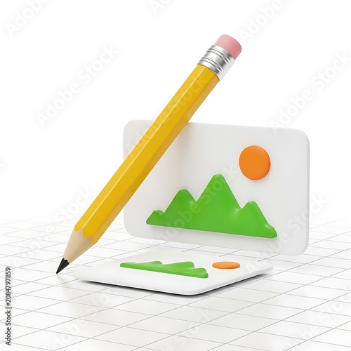 Yellow pencil on laptop with green hills icon