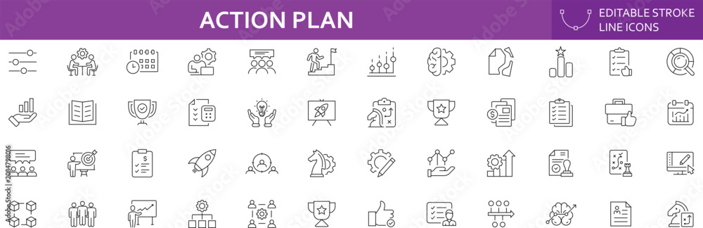 Fototapeta premium Action Plan Icon Set. Illustrating Planning Workflow, Goal Setting, Task Execution, Progress Tracking, Teamwork and Strategic Business Management. Editable Stroke. Vector Illustration