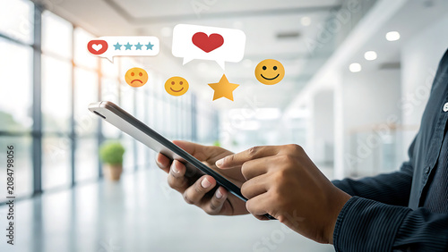 Person Using Smartphone with Social Media Reaction Icons in Bright Office Setting