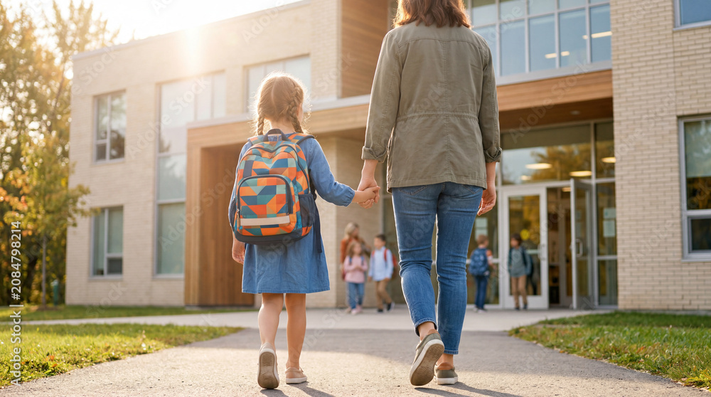 Fototapeta premium Mutter begleitet Tochter am ersten Schultag zur Grundschule, Rückansicht von Mutter und Kind mit Schulranzen auf dem Schulweg, Schulanfang und Einschulung Lifestyle Konzept