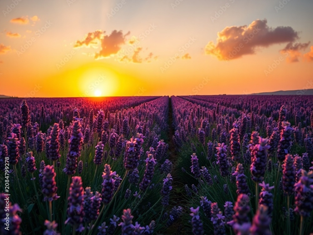 Naklejka premium Endless Lavender Fields Under a Glowing Orange Sunset with Vibrant Purple Blooms, Golden Hour Light, Soft Summer Breeze, Dramatic Cloudscape, Scenic Countryside Landscape, Natural Beauty, Peaceful Eve