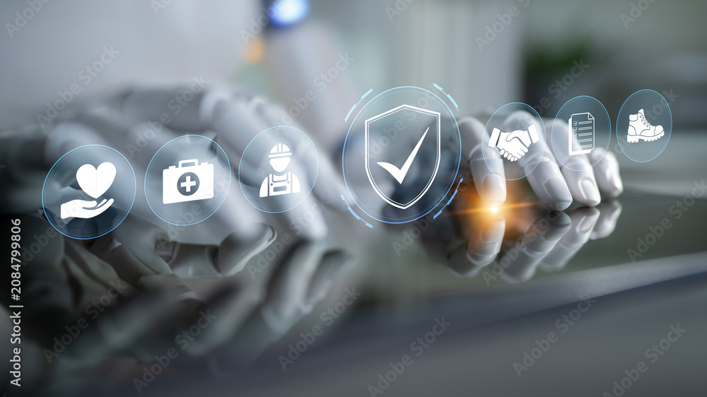 Naklejka premium Hands of a Professional with Icons Representing Health, Safety, Collaboration, and Care Demonstrating Digital Transformation in Modern Work Environments. Glyphic.