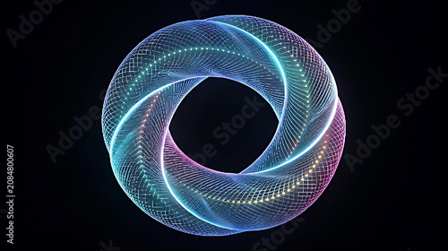 Blue and pink glowing torus knot with grid pattern