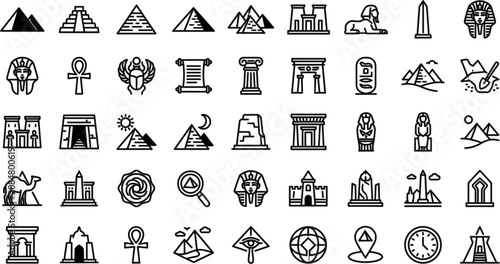 Quadro su tela Ancient Egypt Culture and History Icon Set with Pyramids Pharaohs Sphinx Scarabs