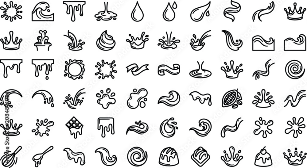 Fototapeta premium Liquid Splash and Chocolate Drip Icon Set with Milk Swirls Water Drops and Crown Splatter Symbols for Food Beverage Packaging and Confectionery Branding DesignsLiquid Splash and Chocolate Drip Icon Se