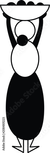 Minimalist graphic of a woman carrying a bowl of fruit on her head in black and white.