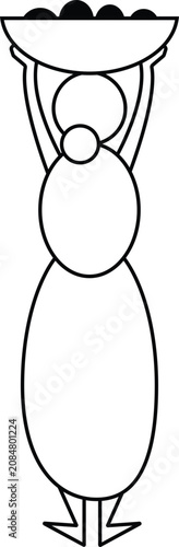 Simple line art drawing of a woman carrying a bowl of fruit on her head.