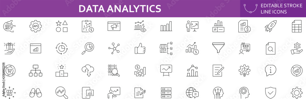 Fototapeta premium Data Analytics line editable icons set. Containing database, statistics, analysis, server, hosting, SEO, monitoring, graph, data mining and more. Vector illustration.