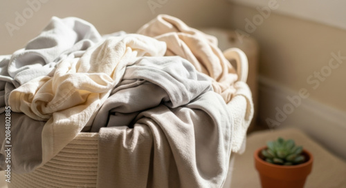 Basket Of Clean Laundry Bathed In Warm Sunlight