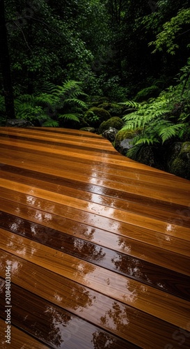 Wooden pathway in a lush green forest.
