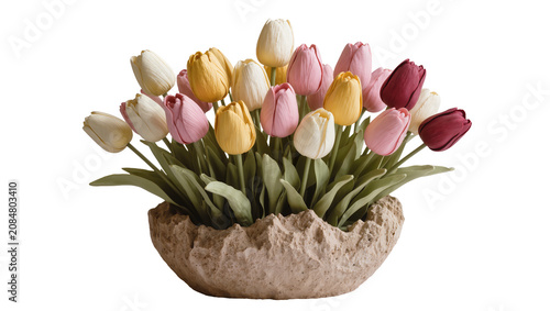 Canvastavla Isolated artificial tulips arrangement in a rustic textured pot, vibrant spring flowers decor