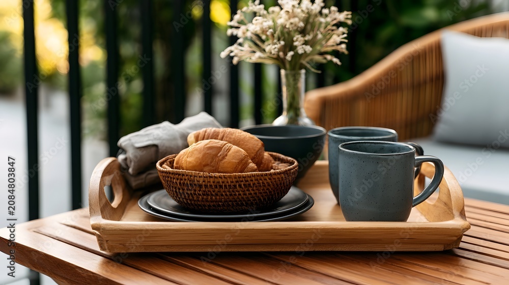 Fototapeta premium A wooden tray holds croissants mugs and a vase of flowers on an outdoor table near wicker furniture