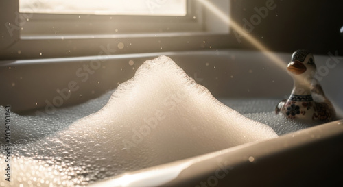 Bathtub Bubbles With A Cute Duck Companion In Warm Sunlight