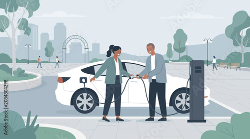 Couple charging electric car at station, urban park background, sustainable transport