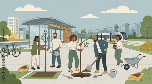Urban gardening community planting trees near public transport
