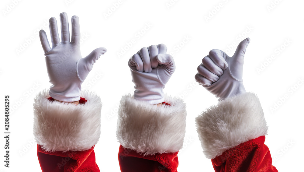 Fototapeta premium Isolated Santa Claus hands in white gloves making diverse hand gestures set for holidays