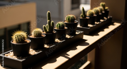 Assortment Of Potted Cacti In Black Containers Bathed In Sunlight