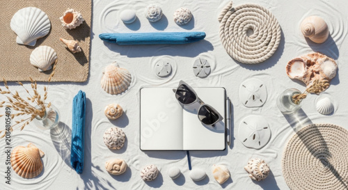 Beach Vacation Essentials Laid Out On Sand With Notebook And Sunglasses
