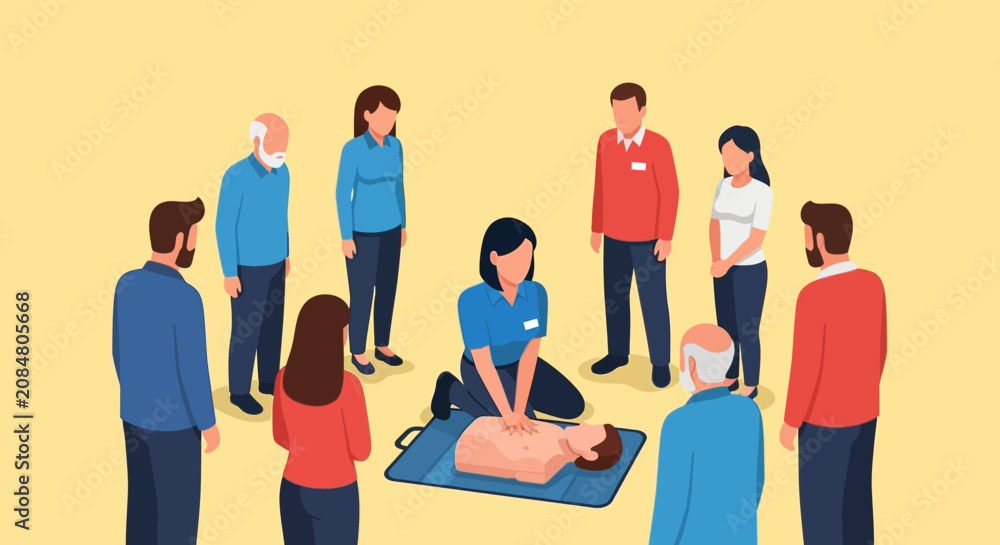 Fototapeta premium CPR Training: Instructor Demonstrates Cardiopulmonary Resuscitation on Mannequin