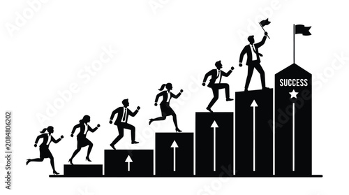 Картината върху платно Businesspeople Climbing Steps Silhouette Against White Background