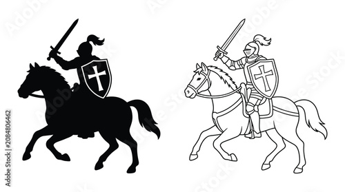 Fotografía Knight On Horseback Silhouette And Line Art Illustration