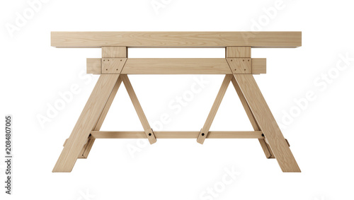 Isolated natural light wood sawhorse, a sturdy portable trestle for construction projects.