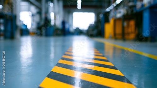 Close up of yellow and black striped safety marking on a polished factory floor leading into blurred industrial background