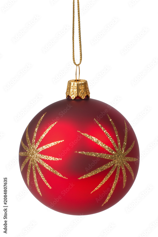 Fototapeta premium Isolated sparkling red Christmas ball decoration with elegant gold glitter starburst pattern.