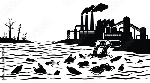 Canvastavla Industrial Pollution Scene With Waste In Water Black Silhouette