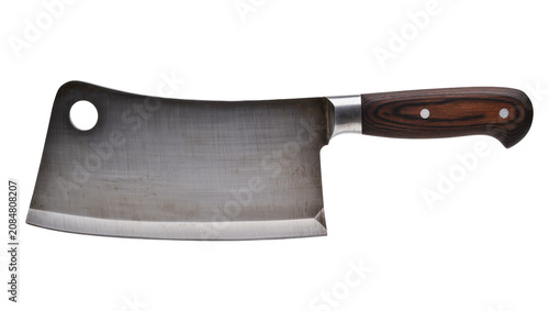 Isolated heavy-duty meat cleaver with textured wooden handle and sharp brushed metal blade