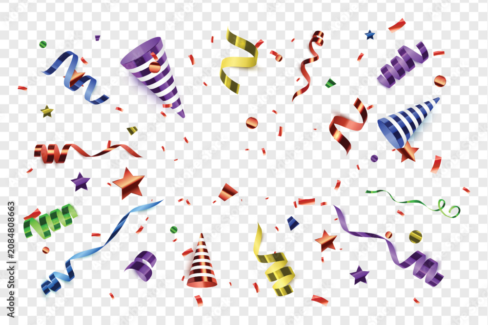 Obraz premium Exploding party popper with colorful stars and confetti isolated on transparent background