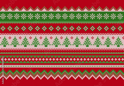 Christmas ornament with Christmas tree. Red and green seamless pattern. Festive knitted print. Sweater geometrical ornament. Xmas print border. Fair isle traditional holiday background. Vector illustr