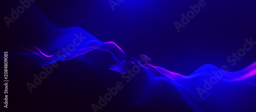 Abstract background with dynamic color wave. Futuristic dotted wave of bright particles. Colorful background for presentation design. Wide format 3D illustration.