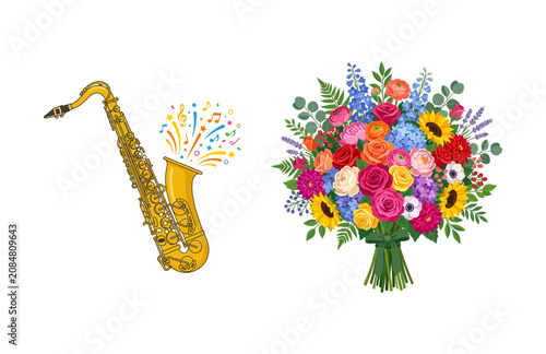 Canvas Print Musical Saxophone Instrument and Colorful Spring Flower Bouquet Illustration Set