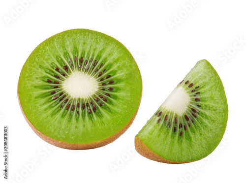 Isolated fresh sliced kiwi fruit and a wedge, vibrant green and healthy tropical snack.